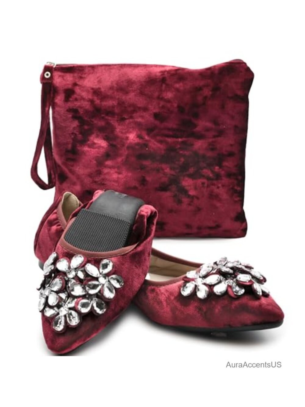 Foldable Flats for Women with Rhinestone Embellishment and Pointy Toe
